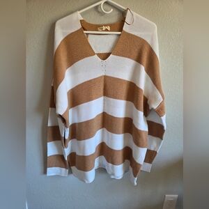 Reborn V-Neck Sweater in Tan and White Stripes